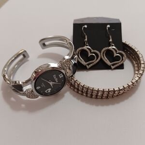 Elegant Silver Watch, Bracelet, Hearts Dangle Earrings 3 Piece Jewelry Set